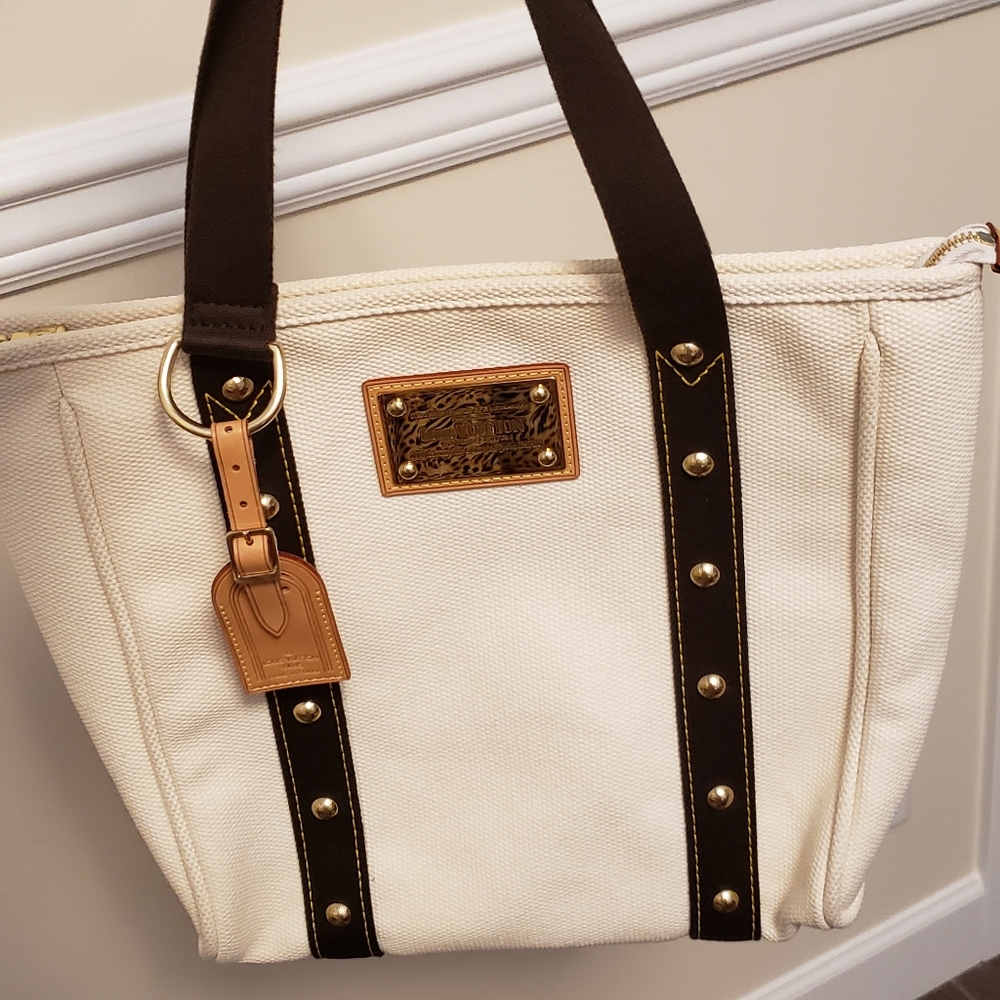 AUTHENTIC LOUIS VUITTON Antigua Cabas MM Ivory & Brown, Luggage Tag, Ex. preown.